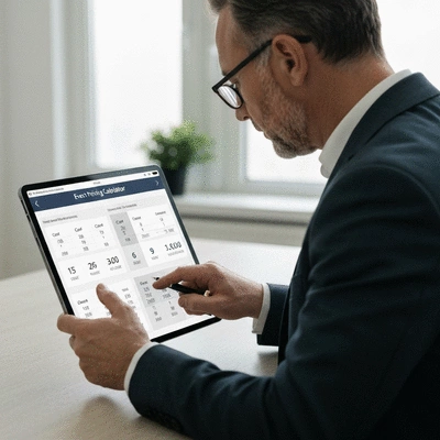 Person using an event pricing calculator on a tablet, showing cost breakdown and revenue projection