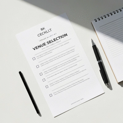 Detailed checklist for venue selection with a pen and notepad, clean and organized, no text, no words, no typography, 8K, natural lighting
