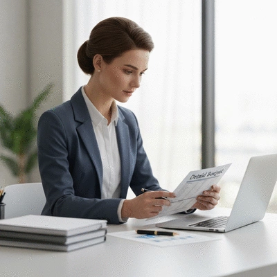 Event planner reviewing budget on laptop, representing financial strategies in event planning