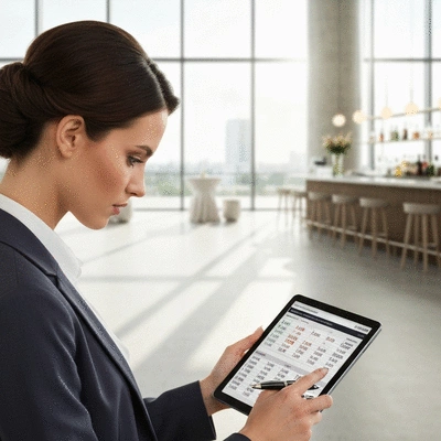 Modern event planner using a tablet to calculate event costs with a venue in the background, no text, no words, no typography, clean image