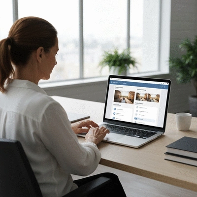Person using retreat planning software on a laptop, showing budgeting and scheduling features, clean image