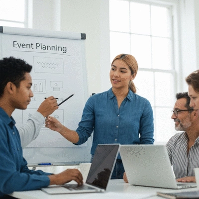 Diverse group of people collaborating on event planning, using a whiteboard and laptops, no text, no words, no typography, clean image