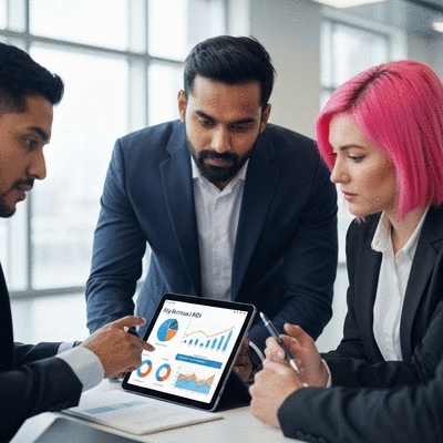 Business professionals analyzing data on a tablet, showing graphs and charts related to retreat ROI