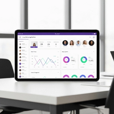 Modern event marketing platform interface on a tablet, showing virtual event dashboard