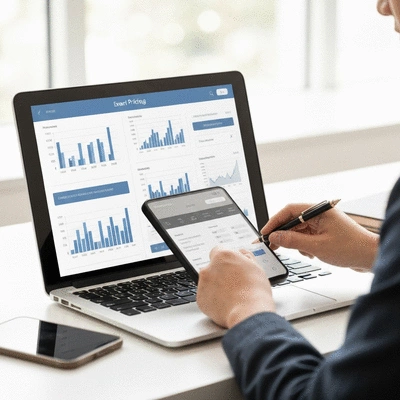 Person using an event pricing calculator on a laptop, showing financial data and graphs