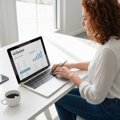 Person working on a workshop marketing template on a laptop, showing efficiency and consistency