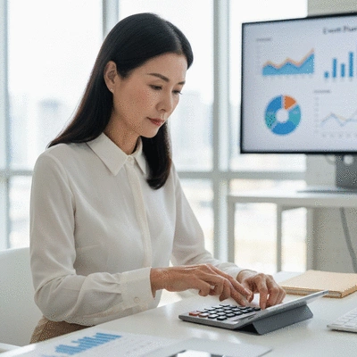 Event planner using a pricing calculator on a tablet, with charts and graphs in the background, clean modern office setting