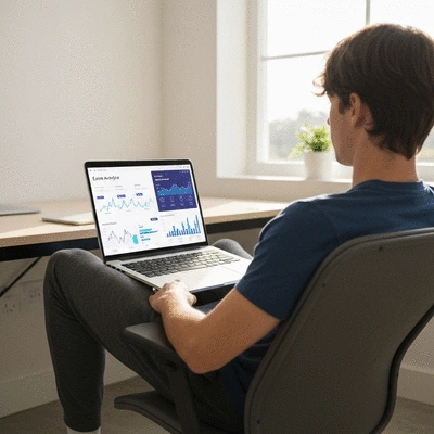 Person using a laptop with event analytics dashboard, showing graphs and data visualizations, no text, no words, no typography, clean image