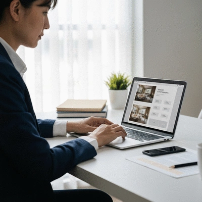 Professional event planner using a digital event marketing template on a laptop, with a clean and organized desk background, no text, no words, no typography, 8K