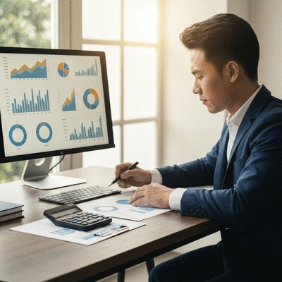 Person analyzing financial reports for event planning, with graphs and charts visible on a monitor, no text, no words, no typography, clean image
