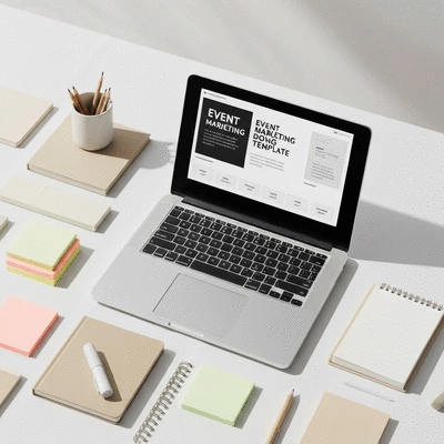 Modern workspace with a laptop displaying an event marketing template, surrounded by office supplies, clean aesthetic, no text, no words, no typography, 8K