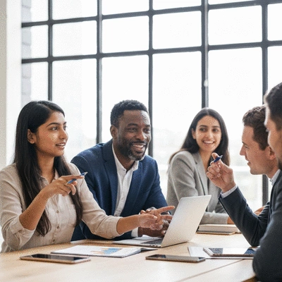 Diverse group of people collaborating happily during a retreat, using technology for interactive sessions, bright and engaging atmosphere, no text, no words, no typography, 8K