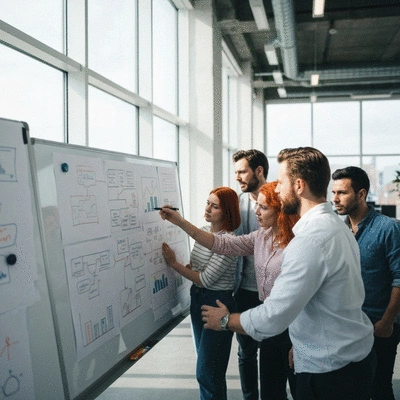 Team collaborating on a large whiteboard in a bright, modern office space, illustrating shared vision and goals, no text, no words, no typography, 8K, natural lighting