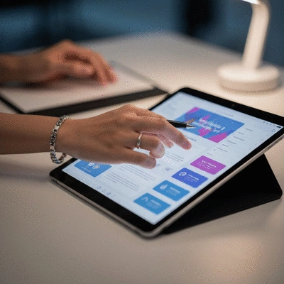 Close-up of a hand customizing a digital workshop marketing template on a tablet, showing personalization and engagement