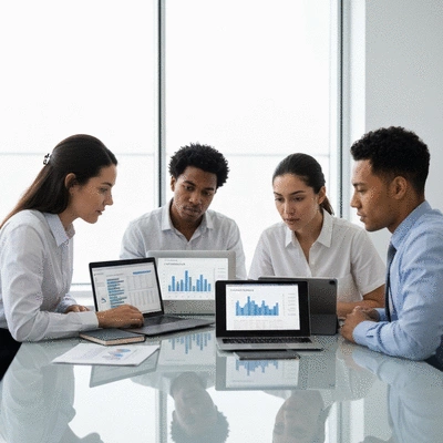 Event planning team collaborating around a table with laptops and a tablet showing financial projections, bright and modern setting