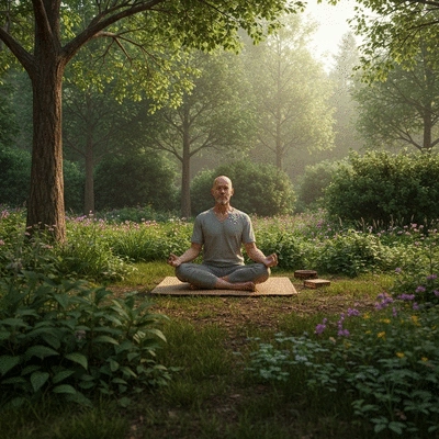 Person meditating in a serene retreat setting, representing personal growth and healing