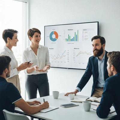 People collaborating on event planning with charts and graphs