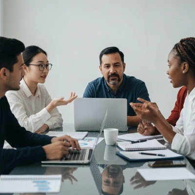 Diverse team collaborating and giving feedback around a table in a modern office setting