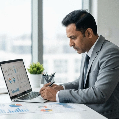 Person analyzing financial data for an event on a laptop