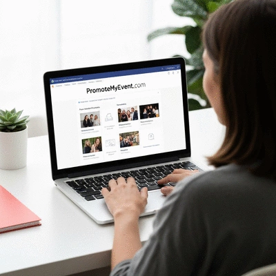 Person using a laptop with PromoteMyEvent.com interface, showing event planning tools and templates
