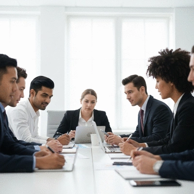 Diverse team collaborating on event marketing strategy around a table