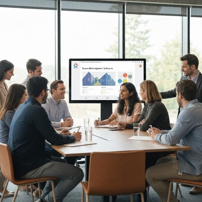 Diverse group of people collaborating on event planning using a large digital display, showing event management software