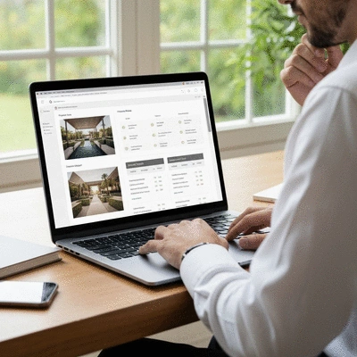 Person using retreat planning software on a modern laptop, with a clean and organized workspace, showing event schedules and financial reports, no text, no words, no typography, 8K