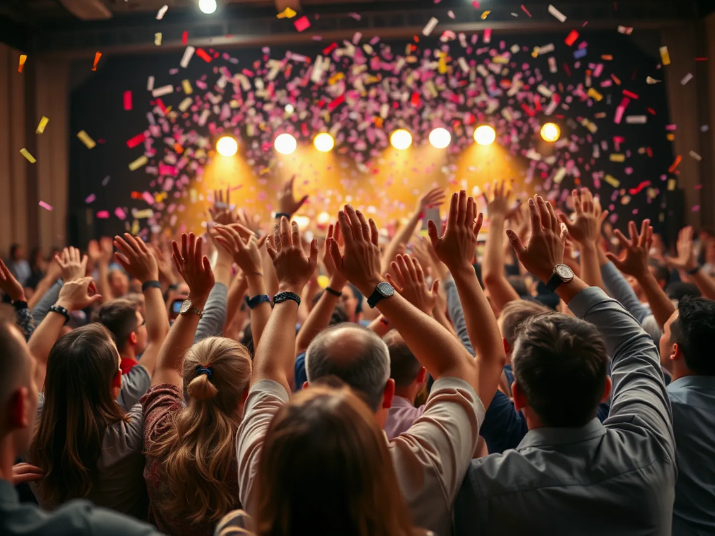 Event success celebration, people cheering